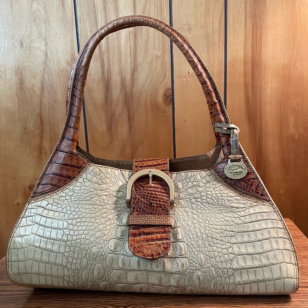 Brahmin Sophie Cream and Brown Crocodile-Embossed Women's Bag